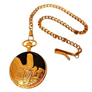 Native USA Pocket Watch Bald Eagle Scene Goldtone Black Enamel Japan Movt Quartz